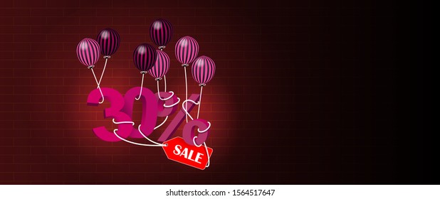 Banner for sale with volume figures 30% and balloons. Vector banner