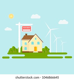 Banner for sales, advertising eco green house, cottage with trees. Offer of home purchase. Rental of Real Estate. Vector flat design, urban landscape.