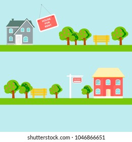 Banner for sales, advertising house, cottage with trees. Offer of home purchase. Rental of Real Estate. Vector flat design, urban landscape.