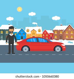 Banner for sales, advertising house, cottage with car and man. Offer of home purchase. Rental of Real Estate. Vector flat design, urban landscape.