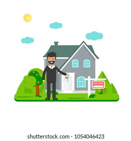 Banner for sales, advertising house, cottage with trees, agent with keys. Offer of home purchase. Rental of Real Estate. Vector flat design, urban landscape.