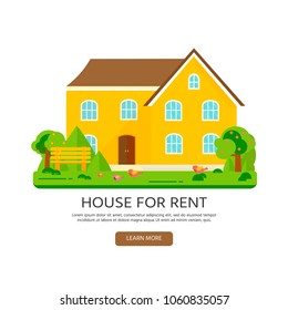 Banner for sales, advertising house, cottage with trees. Offer of home purchase. Rental of Real Estate. Vector flat design, urban landscape.