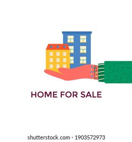 Banner for sales, advertising house, cottage with trees. Hand holding Offer of home purchase. Rental of Real Estate. Vector flat design, urban landscape.