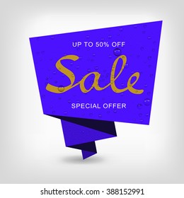 Banner sales on purple background with water drops. Hand drawn lettering. Sale background for flyer, poster, shopping, for sale sign, discount, marketing, selling, banner, web, header. 