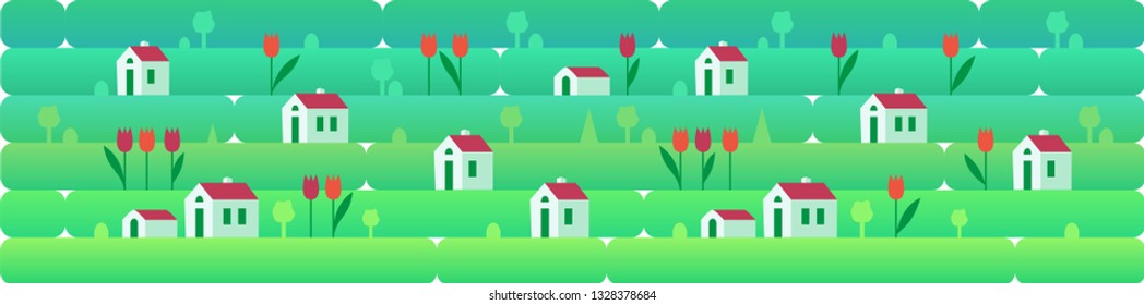 Banner a sammer or spring day landscape with small houses and red tulips, against a background of grass, nature, hills. Vector illustration in flat style for design, games or web sites.