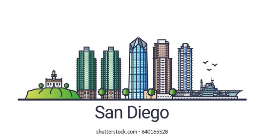 Banner Of San Diego City In Flat Line Trendy Style. San Diego City Line Art. All Buildings Separated And Customizable.