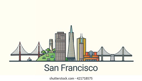 Banner of San Francisco city in flat line trendy style. San Francisco city line art. All buildings separated and customizable.