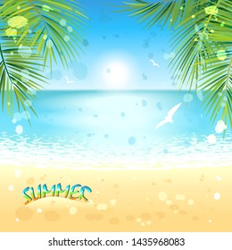 Banner of sand beach at sunset time. Vector illustration.
