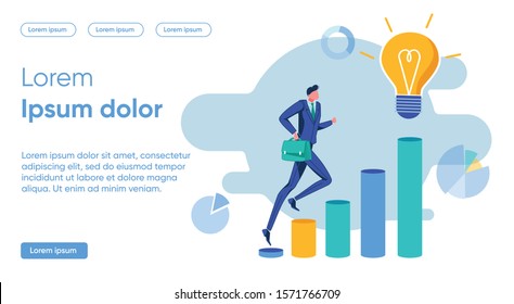 Banner Sane Performer Introducing Ideas, Cartoon. Flat Guy in Business Suit with Briefcase in his Hands Runs up Towering Columns up to Large Luminous Bulb, Slide. Vector Illustration.