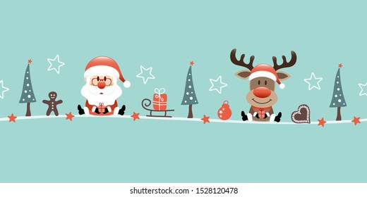 Banner Santa Claus And Reindeer Christmas Icons Turquoise