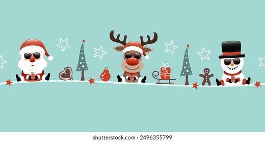 Banner Santa Claus Reindeer And Snowman Sunglasses Icons Turquoise Dark Red