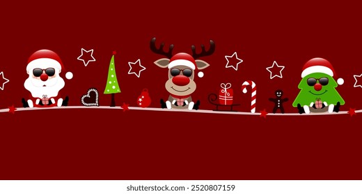 Banner Santa Claus Reindeer And Tree Sunglasses With Icons Dark Red