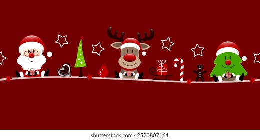 Banner Santa Claus Reindeer And Tree With Icons Dark Red