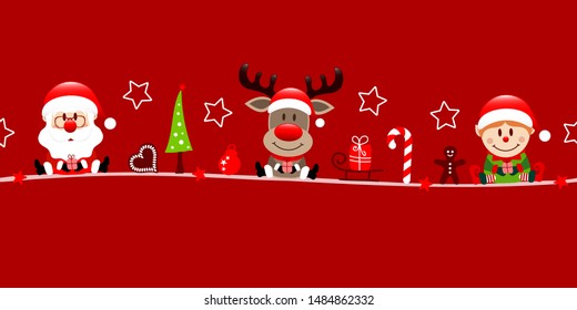 Banner Santa Reindeer And Elf Christmas Icons Red