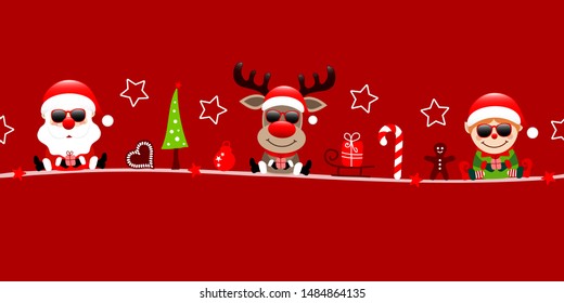 Banner Santa Reindeer And Elf Sunglasses Christmas Icons Red
