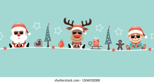 Banner Santa Reindeer And Elf Sunglasses Christmas Icons Turquoise