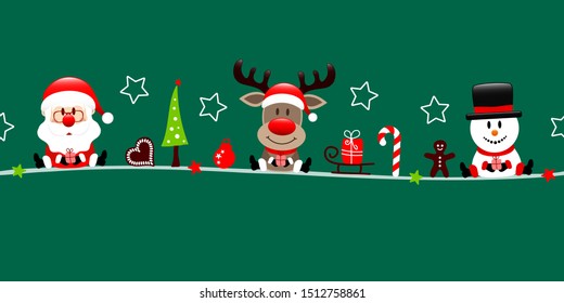 Banner Santa Reindeer And Snowman With Icons Dark Green