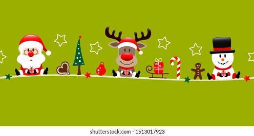 Banner Santa Reindeer And Snowman With Icons Light Green
