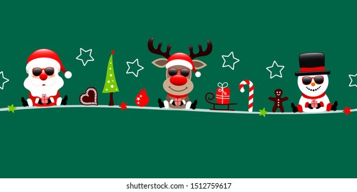 Banner Santa Reindeer And Snowman With Sunglasses And Icons Dark Green