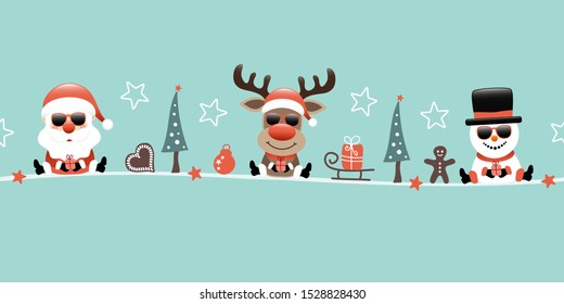 Banner Santa Reindeer And Snowman With Sunglasses And Icons Turquoise