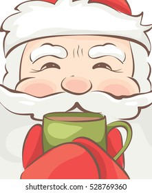 Banner -- Santa warms / Vector christmas illustration, Santa drinking a hot drink