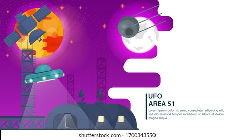 banner, satélites en el espacio sobre el fondo de planetas, ver OVNIs, platillo volador sobre el área de hangar 51, para el diseño de sitios web y móviles, ilustración plana vectorial