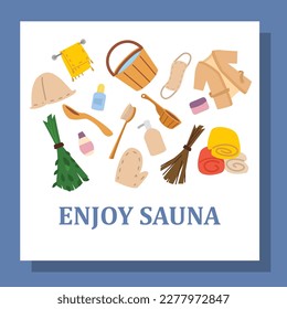 Banner for sauna wellness treatment, flat vector illustration on white background. Sauna banner or poster template with bath accessories and body washing cosmetics.