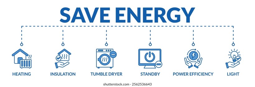 Banner of save energy web vector illustration concept with icons of heating, insulation, tumble dryer, standby, power efficiency, light