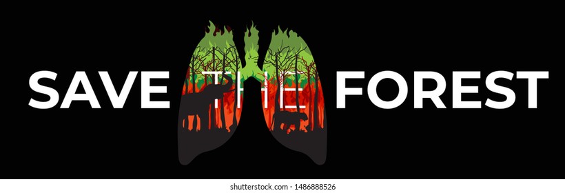 Banner Save The Forest illustrated with lungs and fires vector