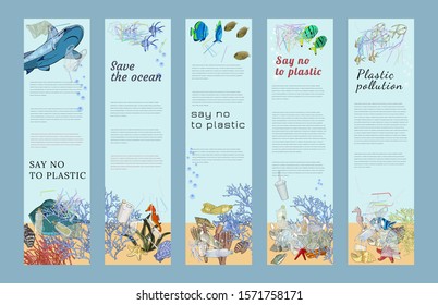 Banner save the ocean from plastic pollution. Keep the sea plastic free. Global environmental problem. Garbage in ocean.