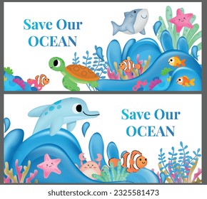 banner save ocean, save sea, cute fish
