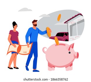 Cartel de ahorro de dinero y de obtención de un concepto de préstamo o hipoteca con personas poniendo monedas en un banco de cerdos. La familia ahorra dinero o toma un préstamo para compras futuras, ilustraciones vectoriales aisladas.