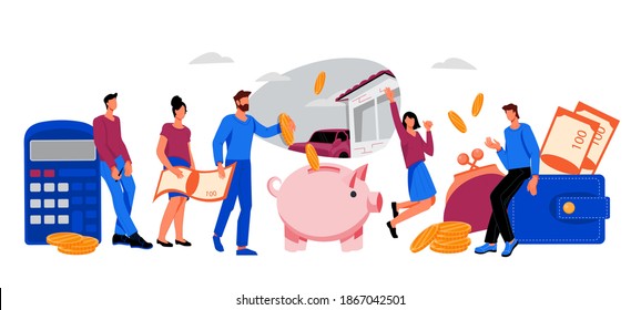 Banner for saving money and lending financial services with business people saving money in piggy bank and wallets. Bank account savings and loan or mortgage concept, vector illustration isolated.