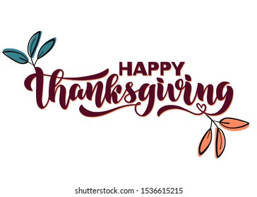 Banner saying Happy Thanksgiving in a frame of autumn colored leaves. Combination of brush lettering and thick sans serif hand drawn font. Good for party banners, tapes, borders, washi tape.