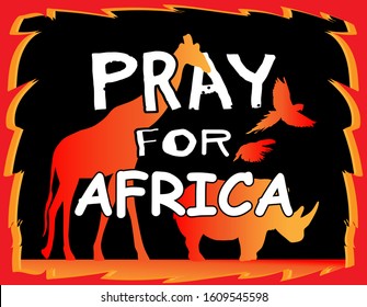 Banner saying "Pray for Africa”. Poster. Horizontal vector illustration. Brazilian animals flee from the fire. Can be used for social media,stories,flyers. Giraffe, parrot,toucan. Danger to animals.