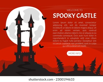 Banner with Scary Halloween House with Ghost and Bats Vector Template