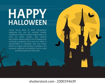 Banner with Scary Halloween House with Ghost and Bats Vector Template