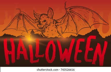 Banner for a scary Halloween with sunset view with creepy bat in hand drawn style in the sky over a dark mountain and castle.
