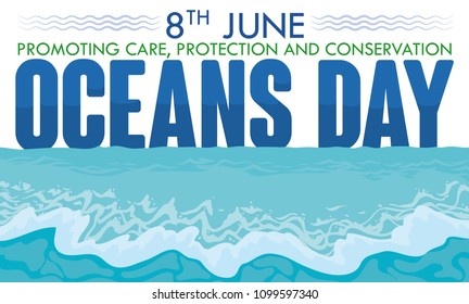 Banner with scenic view of a ocean wave surge with some precepts for Oceans Day commemoration in June 8.
