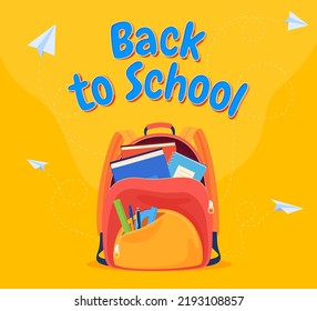 Banner with school backpacks. Back to school. Children briefcases for carrying school supplies. Vector illustration
