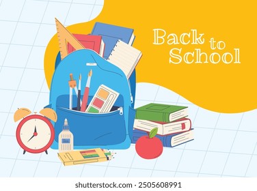 Banner with school backpacks. Back to school. Children briefcases for carrying school supplies. Vector illustration