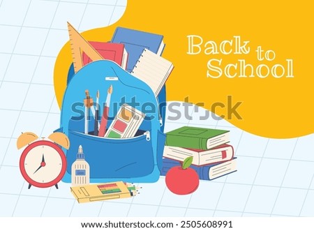 Banner with school backpacks. Back to school. Children briefcases for carrying school supplies. Vector illustration