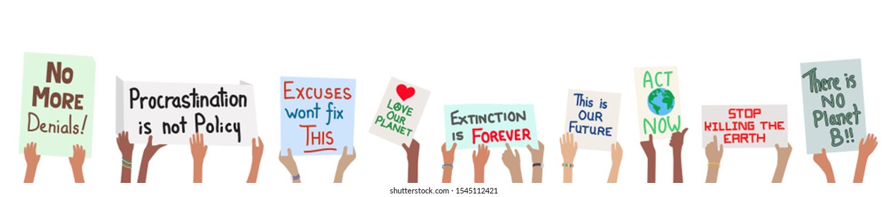 Banner Of School Children Holding Climate Change Protest Signs In Hands - Vector Grouped Easy To Edit