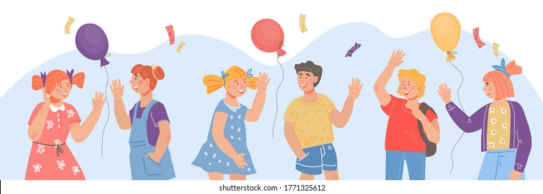 Banner For School Or Kindergarten Grade Year  Beginning With Children Waving Hands In Greeting Gesture. Children  Saying Hi At Backdrop Of Balloons And Festive Confetti. Cartoon Vector Illustration.