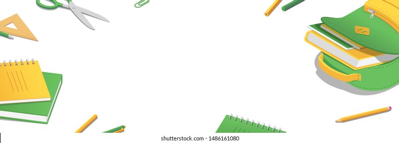 Banner with school supplies and backpack isometric with empty space for text for poster back to school