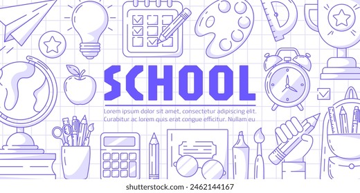 Banner with school supplies, vector minimalist design, checkered background. Globe, backpack with stationery, paper airplane, calculator, alarm clock, notebook and glasses, schedule, pencil in hand