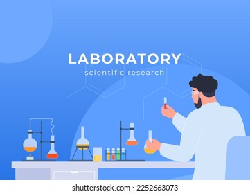 Banner with scientist and chemical flasks. Conducting pharmaceutical research with scientific equipment. Biological chemical experiments. Vector illustration