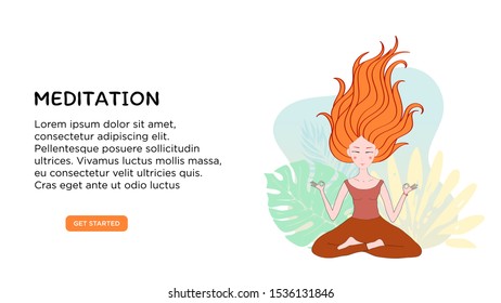 Banner or screen template for school website or yoga studio, meditation classes. Bright banner with practising meditation by a red-haired girl on a background of tropical plants. Vector