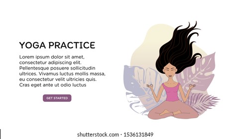 Banner or screen template for school website or yoga studio, meditation classes. Bright banner with practising meditation by a black-haired girl on a background of tropical plants. Vector