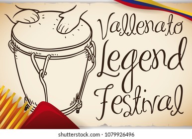 Banner with scroll and a "caja vallenata" drum played for a hands in hand drawn style, a view of the bellows of an accordion and tricolor ribbon for the Vallenato Legend Festival.